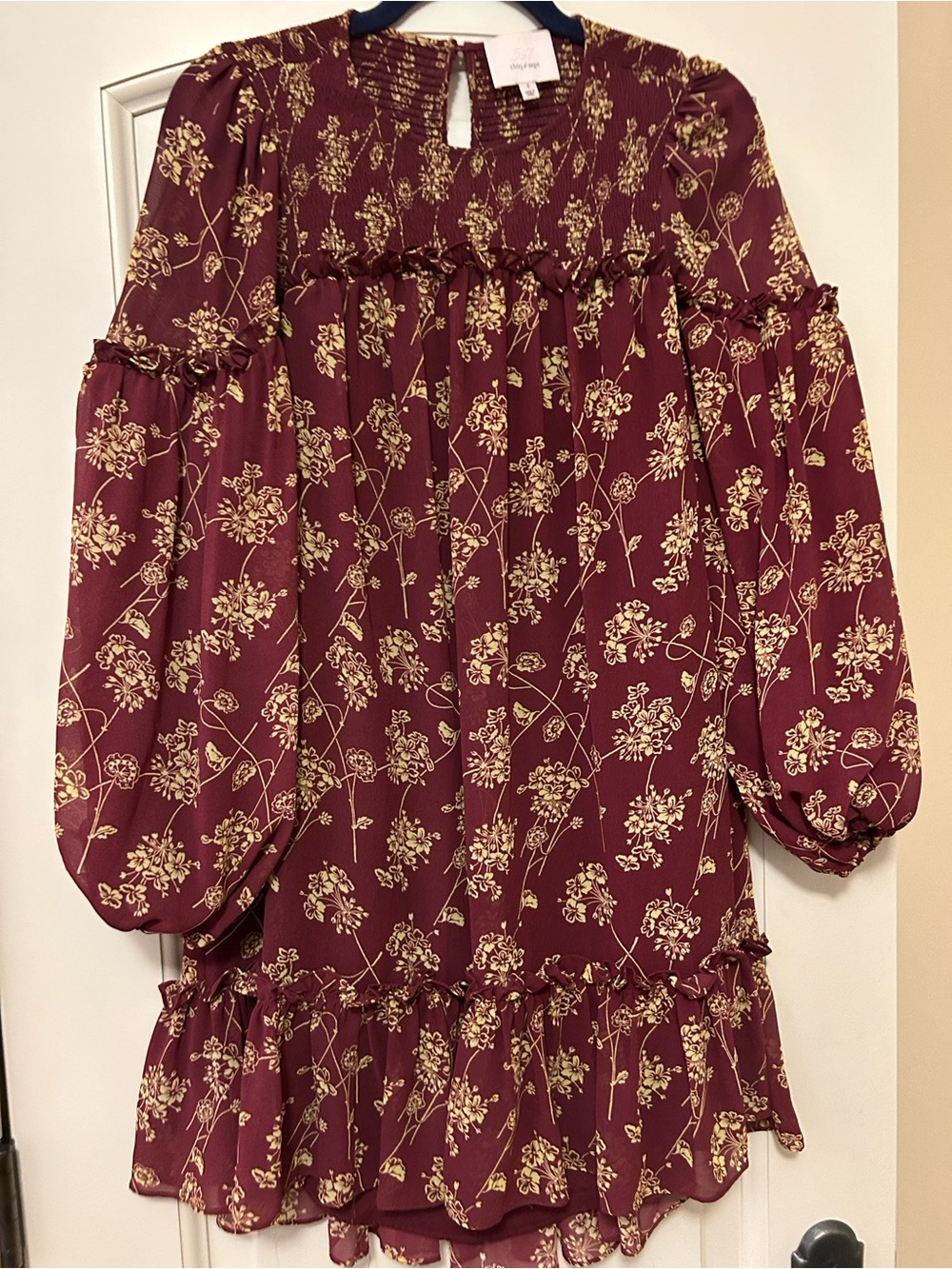 cinq a sept Maroon Mini Dress with Gold Floral Print
